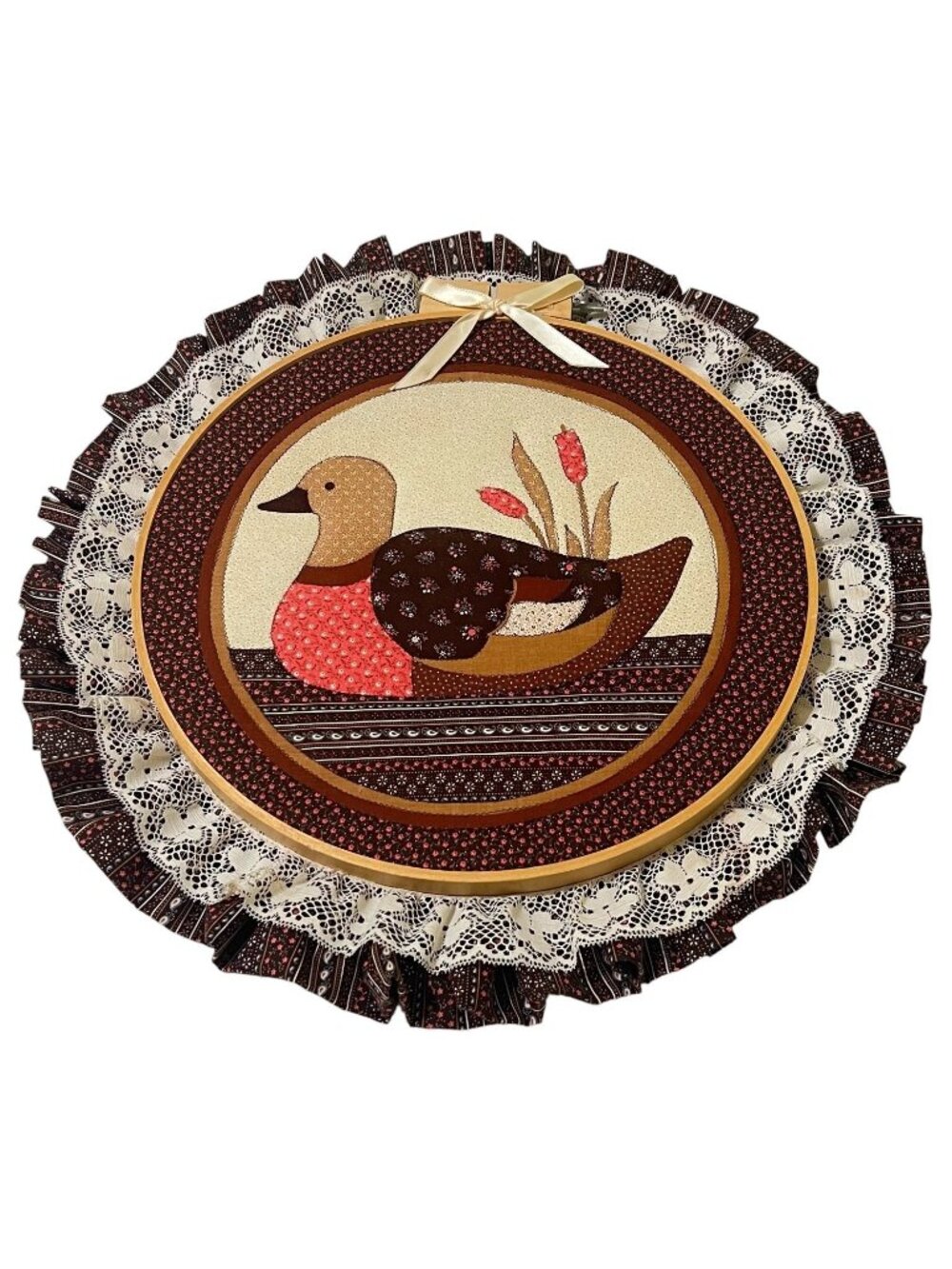 Duck Quilted Embroidery Hoop Wall Hanging Lace Border Handcrafted 19" Dia Vtg